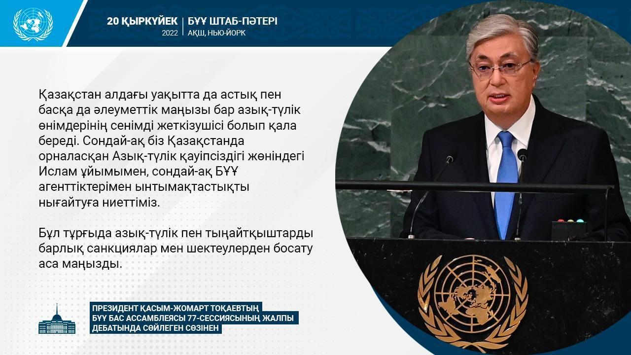 Мемлекет Басшысы Қасым-Жомарт Тоқаевтың БҰҰ Бас Ассамблеясының 76-сессиясының жалпы пікірталастарында сөйлеген сөзі