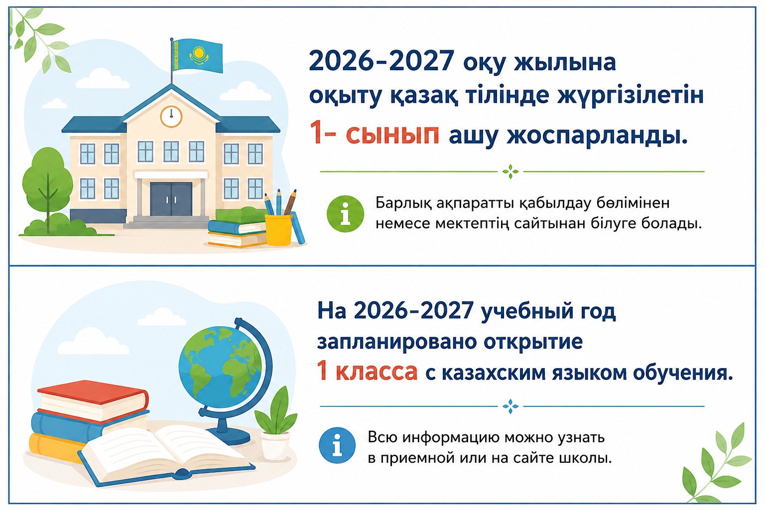 Қазақ тілінде оқытылатын 1-сыныпқа қабылдау ашылды / Открыт прием в 1 класс с казахским языком обучения.